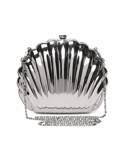 Metalik Gümüş Deniz Kabuğu Tasarımlı Kadın Abiye Clutch Çanta