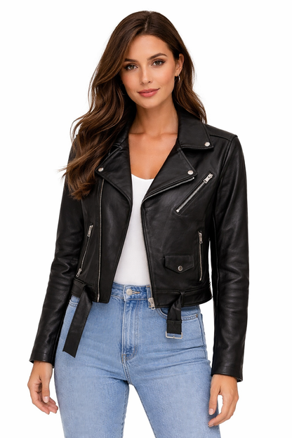 Hakiki Deri Kadın Biker Ceket – Siyah Premium