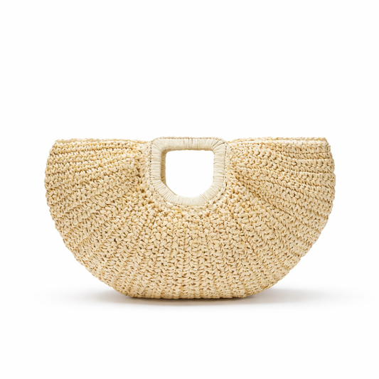 Bej Hasır El Örgüsü Fermuarlı El Çantası – Doğal Şık Yazlık Çanta