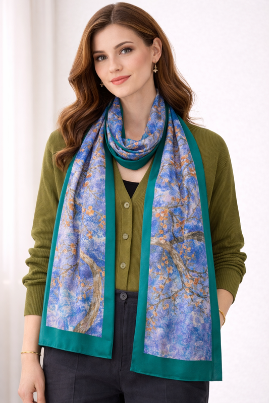 Türbe Yeşili Kenar Detaylı Mavi Çiçek Desenli %100 Saf İpek Fular