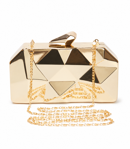 Altın Renk Geometrik Abiye Clutch Çanta Zincir Askılı Kadın El Çantası